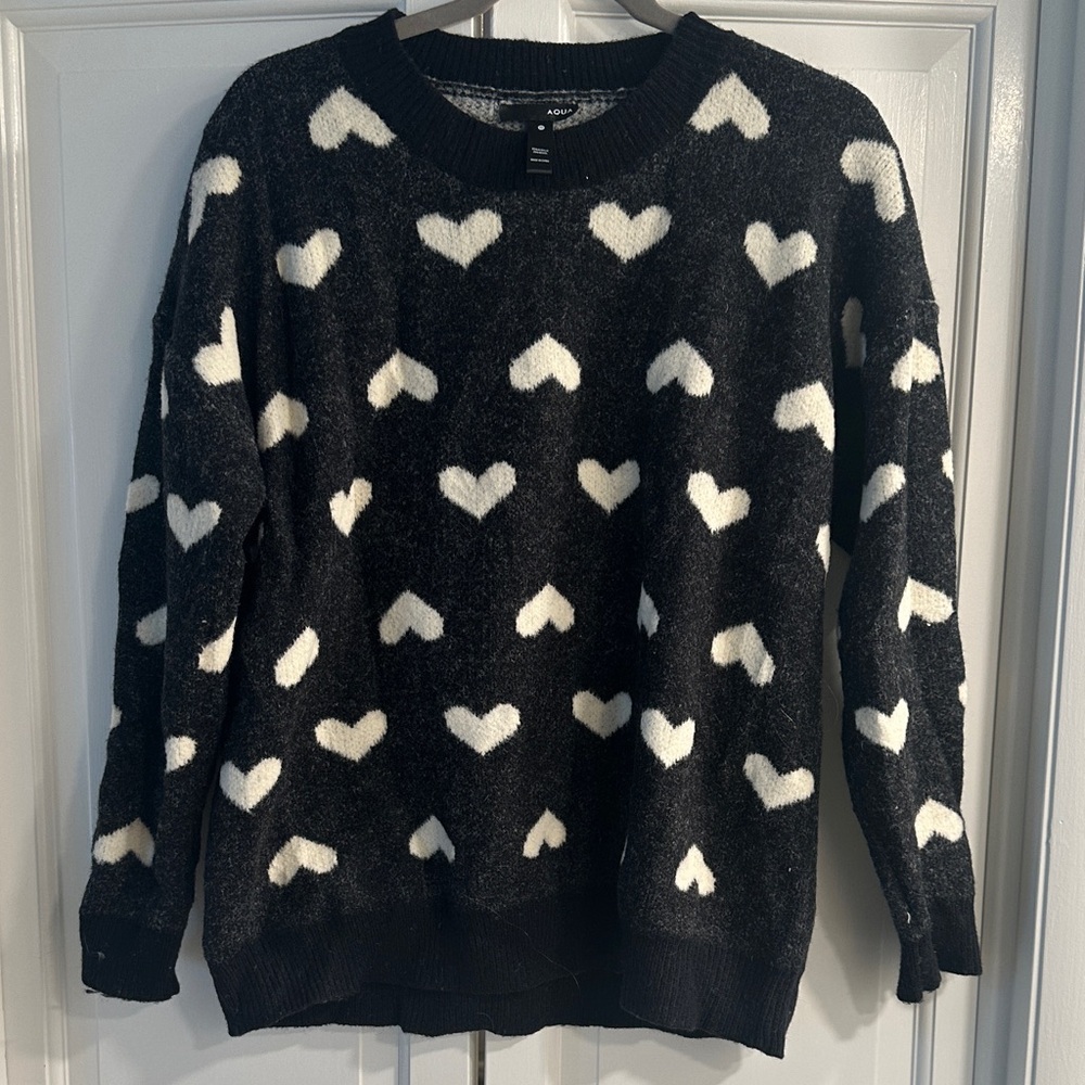 Aqua Black and White Heart Pattern Sweater
